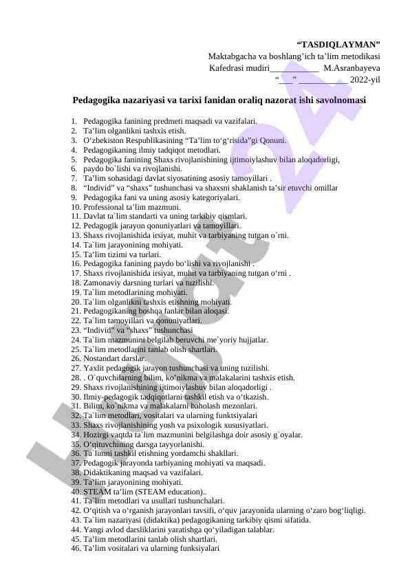 PEDAGOGIKA FANINING NAZARIYASI VA TARIXI