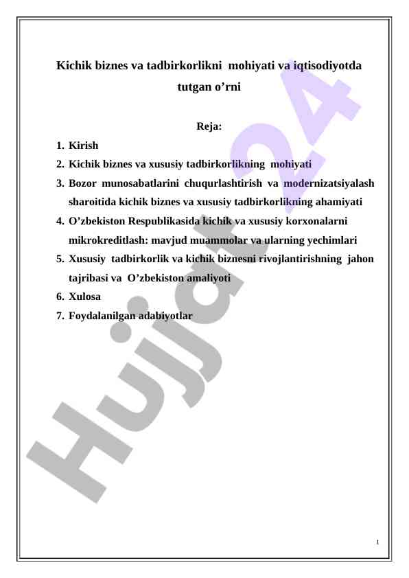 Kichik biznes va tadbirkorlikning iqtisodiyotdagi o'rni