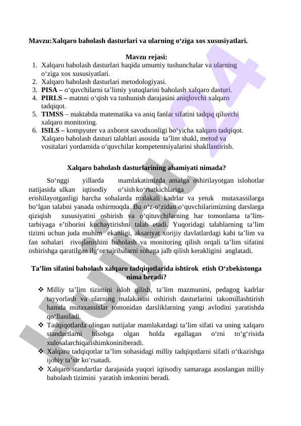 Xalqaro baholash dasturlari xususiyatlari