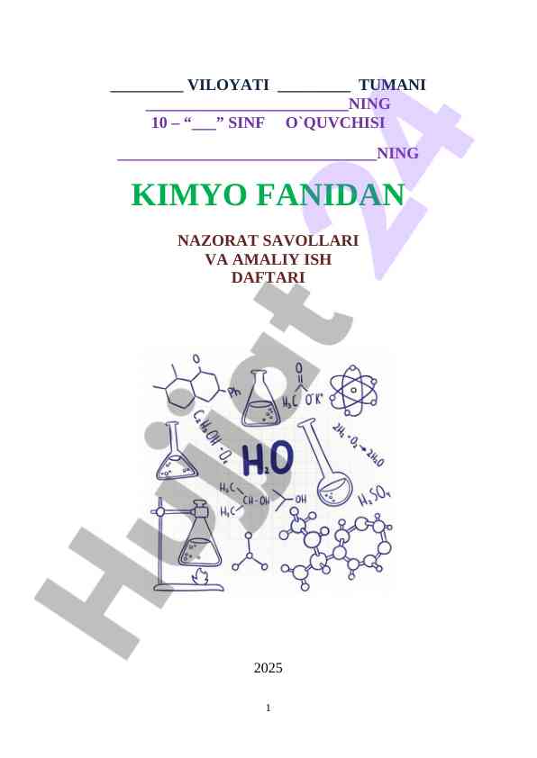10-sinf kimyo nazorat ishi daftari 2025