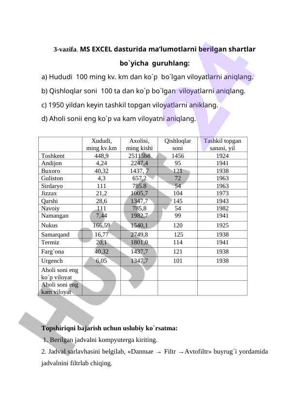 Ms excel dasturida ma'lumotlarni guruhlash