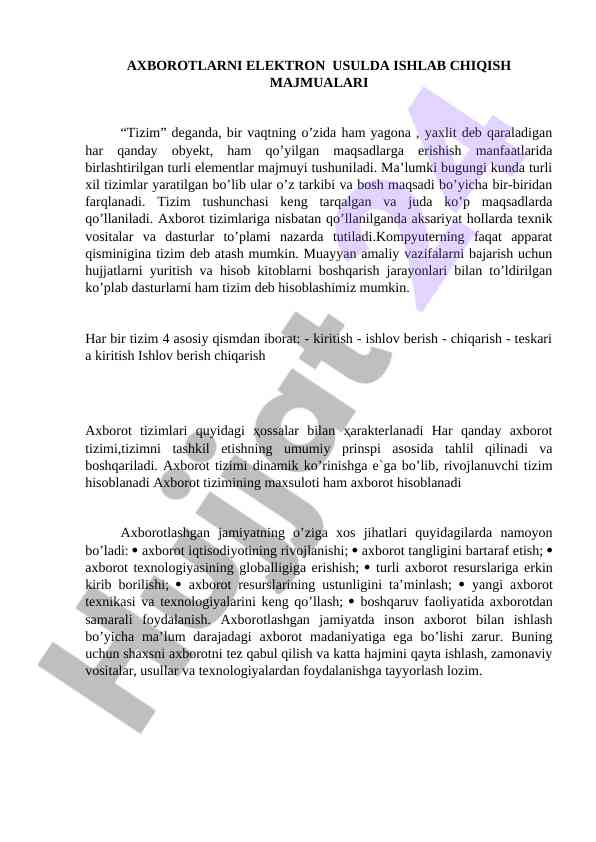 Axborot tizimlarini elektron usulda ishlab chiqish