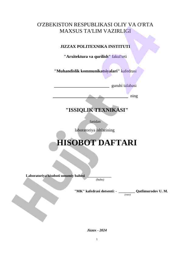 Issiqlik texnikasidan laboratoriya ishlari hisoboti