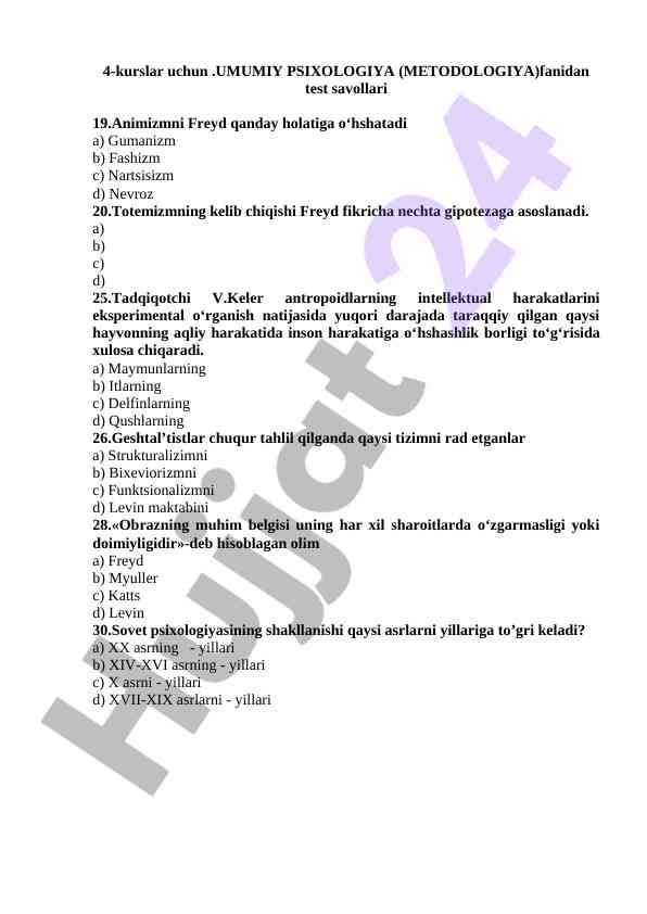 Umumiy psixologiya fanidan test savollari
