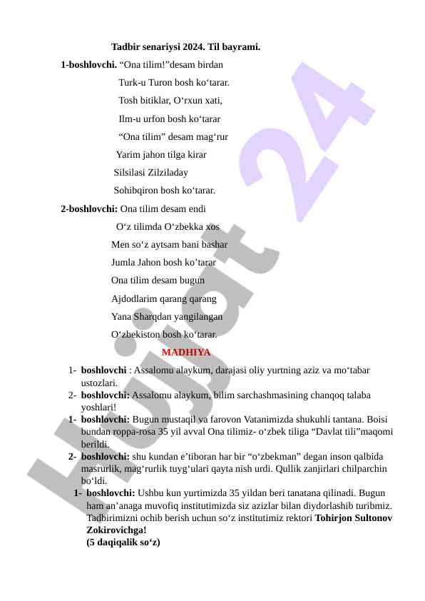 Ona tilim bayrami 2024 tadbir senariysi