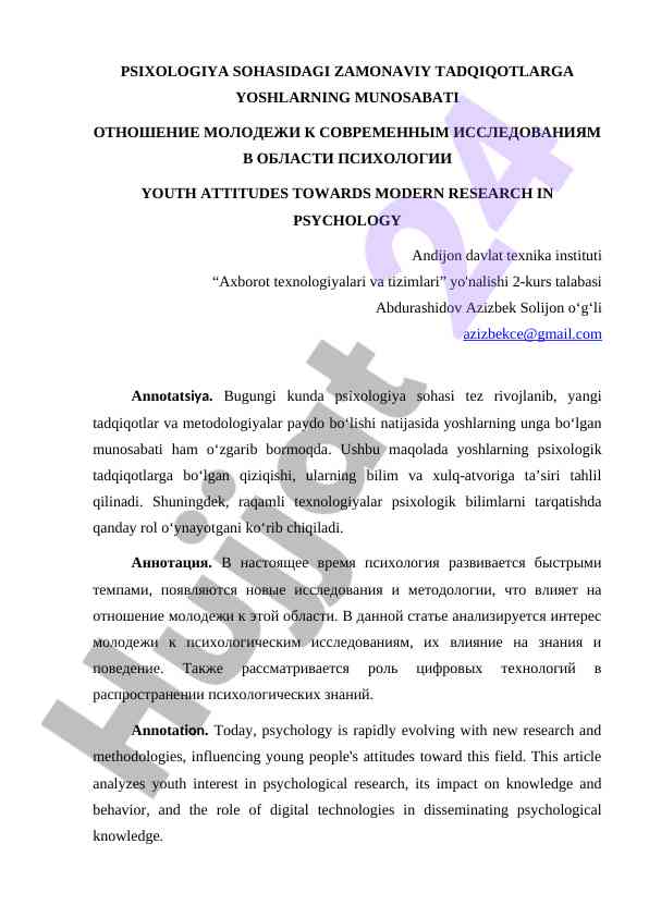 Yoshlarning psixologik tadqiqotlarga munosabati