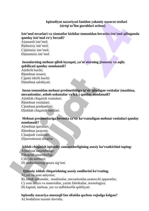 Iqtisodiyot nazariyasi fanidan yakuniy nazorat testlari