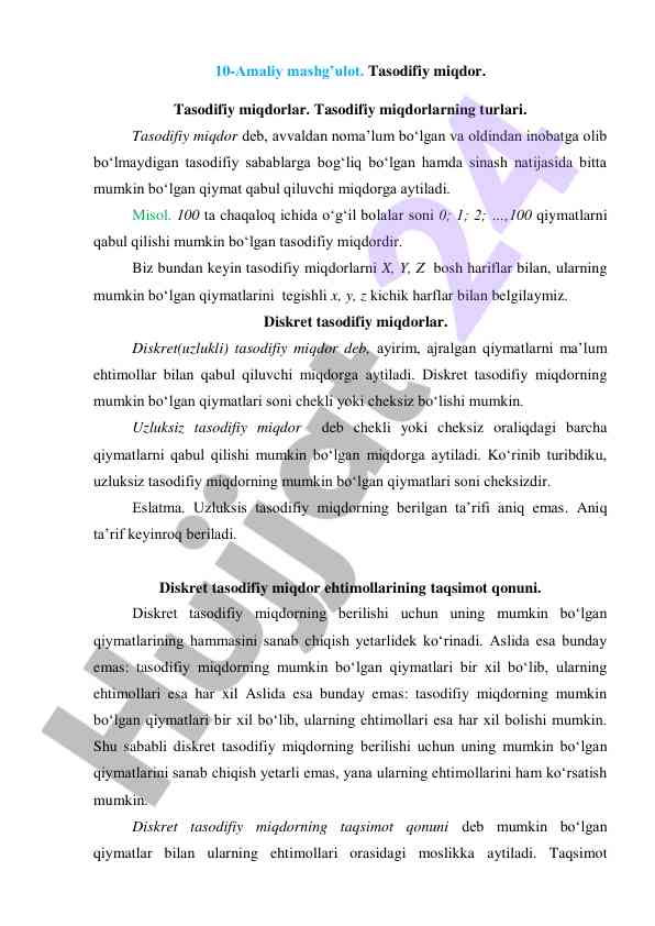 Tasodifiy miqdorlar turlari va ehtimollar