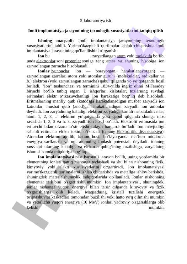 Ionli implantatsiya jarayonining texnologik xususiyatlari