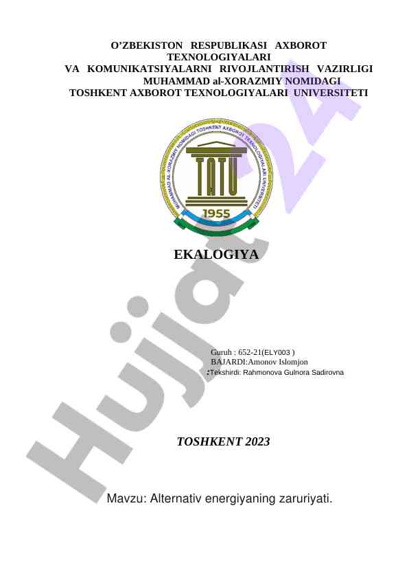 Alternativ energiya zaruriyati va ekologiya tahlili