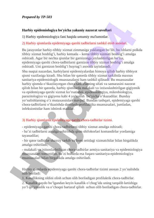 Harbiy epidemiologiya bo'yicha yakuniy nazorat savollari