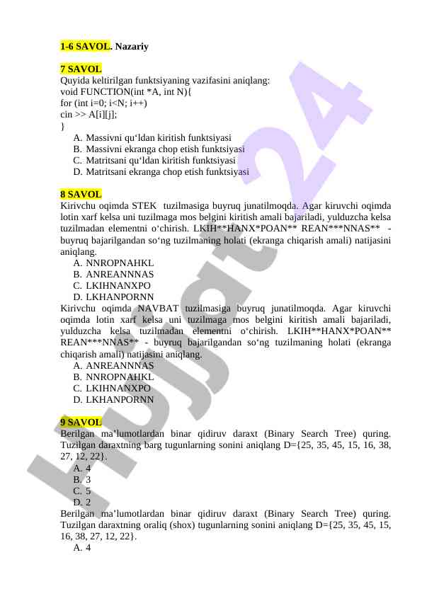 Nazariy savollar bo‘yicha amaliy mashg‘ulotlar
