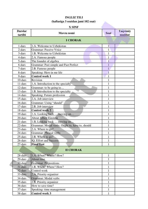 English language course outline and schedule