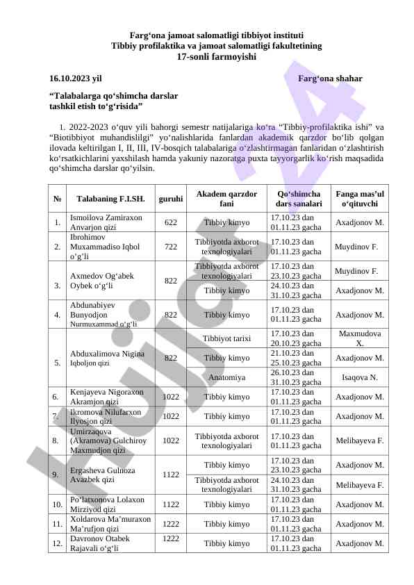 Qo‘shimcha darslar tashkil etish rejasi 2023