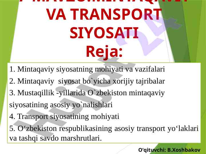 Mintaqaviy va transport siyosati tahlili