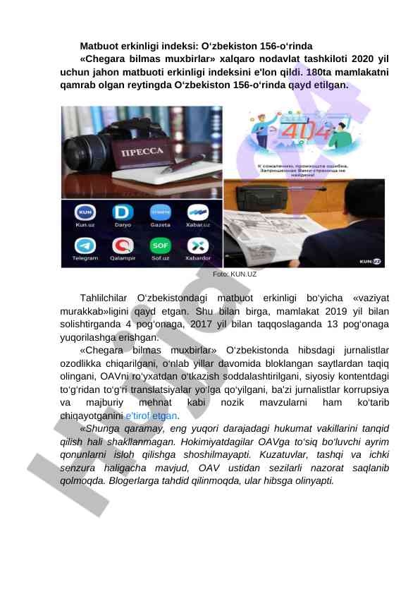 O‘zbekistondagi matbuot erkinligi indeksi 2020
