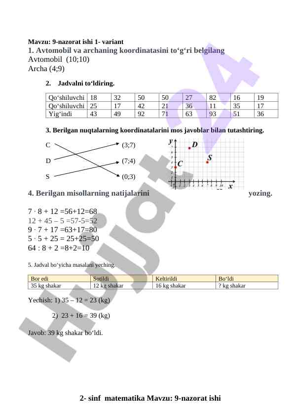 9-nazorat ishi 1-variant bo‘yicha masalalar