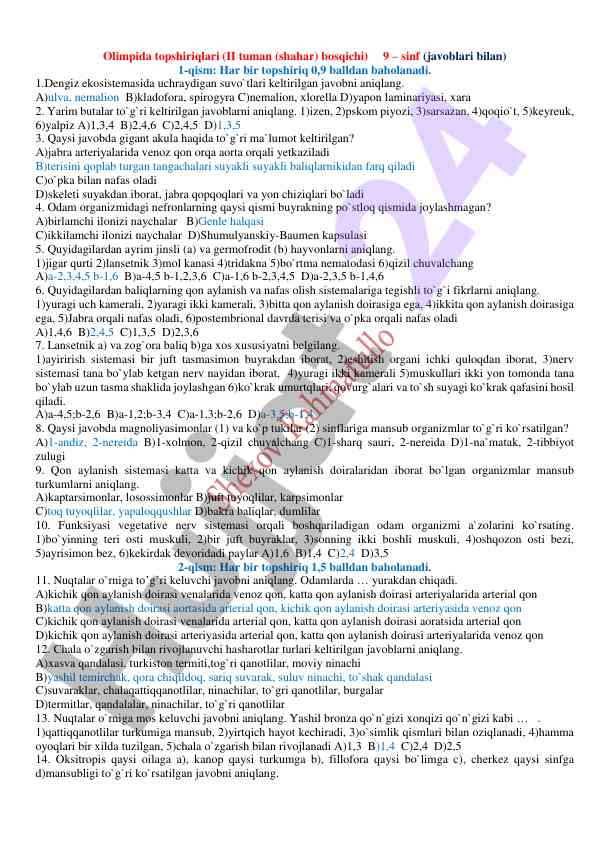 Olimpida topshiriqlari 9-sinf ii bosqich javoblari