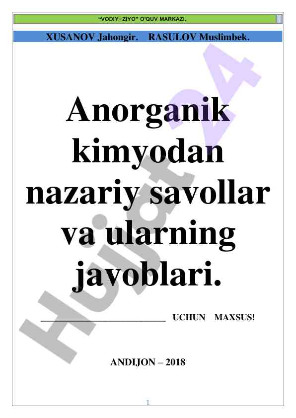 Anorganik kimyo savollari va javoblar