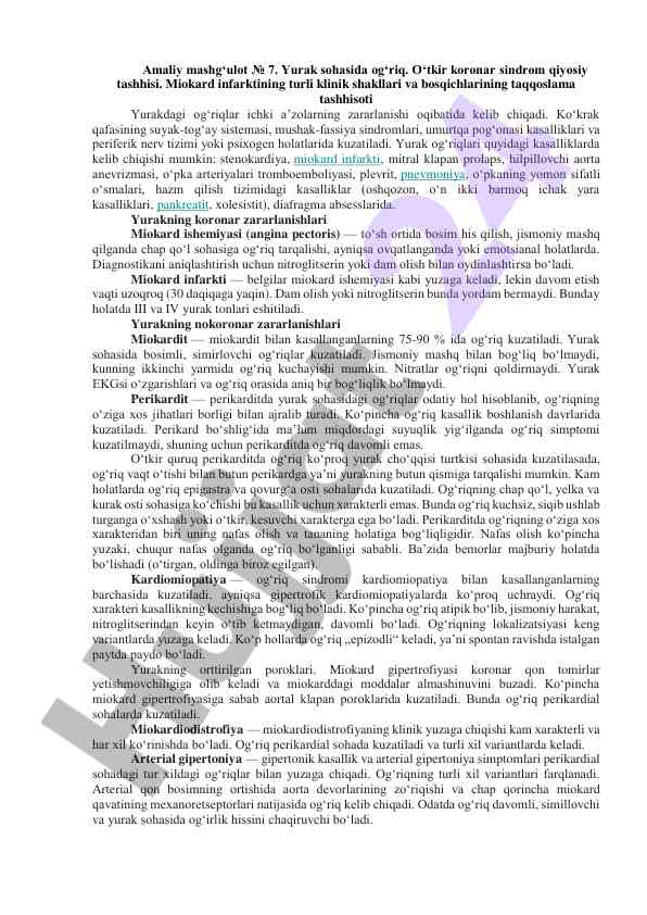 Yurak og‘riqlari va o‘tkir koronar sindrom tashhisoti