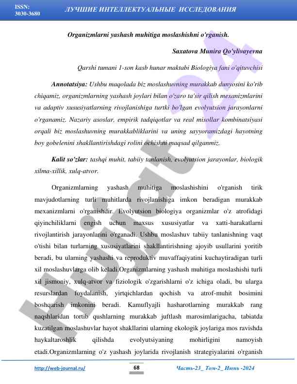 O'rganuvchilar yashash muhitiga moslashish mekanizmlari