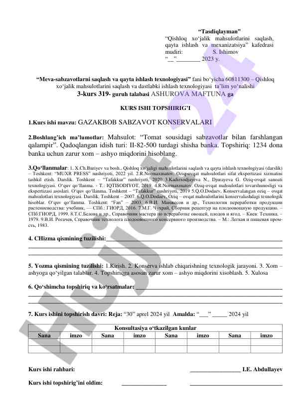 Gazakbob sabzavot konservalari kurs ishining mavzusi