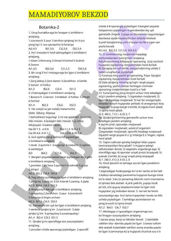 Botanika testi o‘simliklarni aniqlash uchesh ishlar