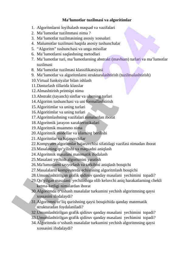 Ma’lumotlar tuzilmasi va algoritmlar haqida asosiy tushunchalar