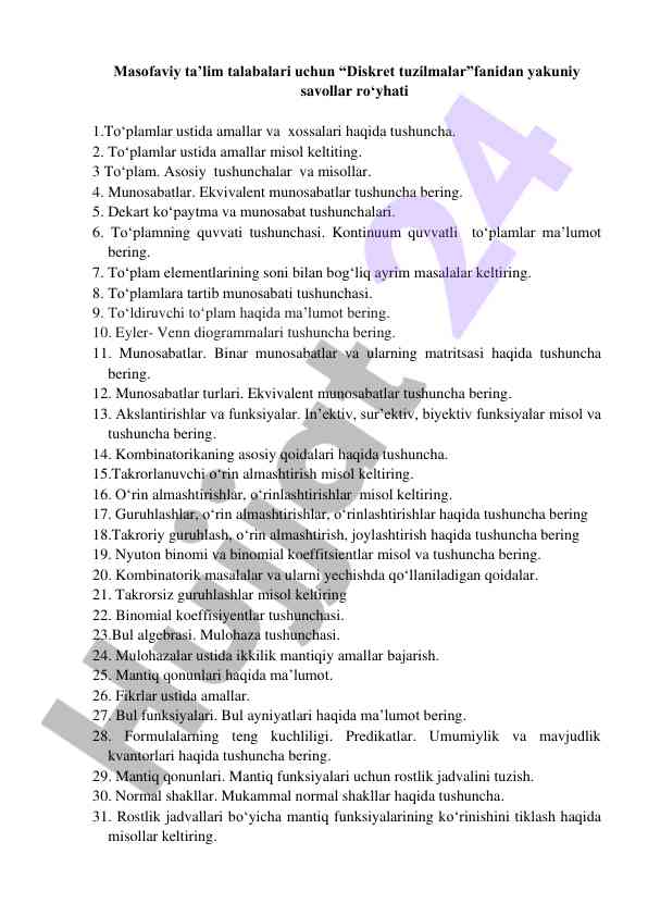 Diskret tuzilmalar fanidan yakuniy savollar ro'yhati