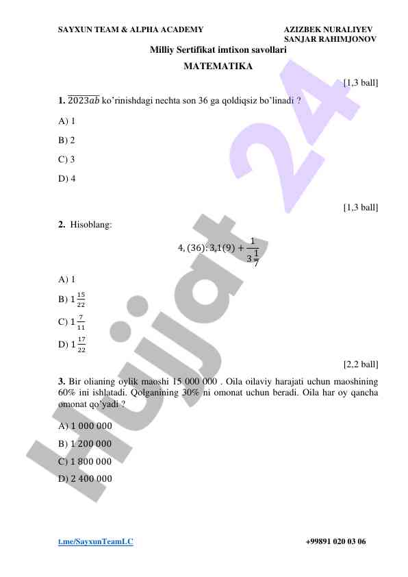 Milliy sertifikat imtixon savollari matematika