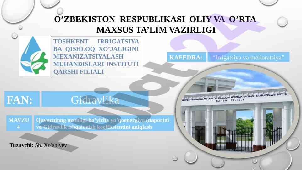 Gidravlik ishqalanish koeffitsienti aniqlash uchun tajriba