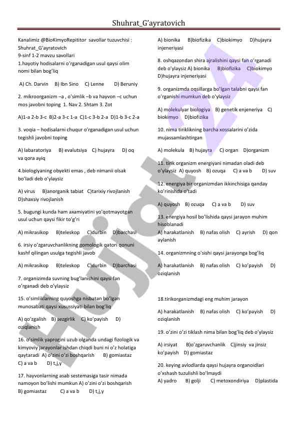 Biologiya mavzulari bo‘yicha savollar