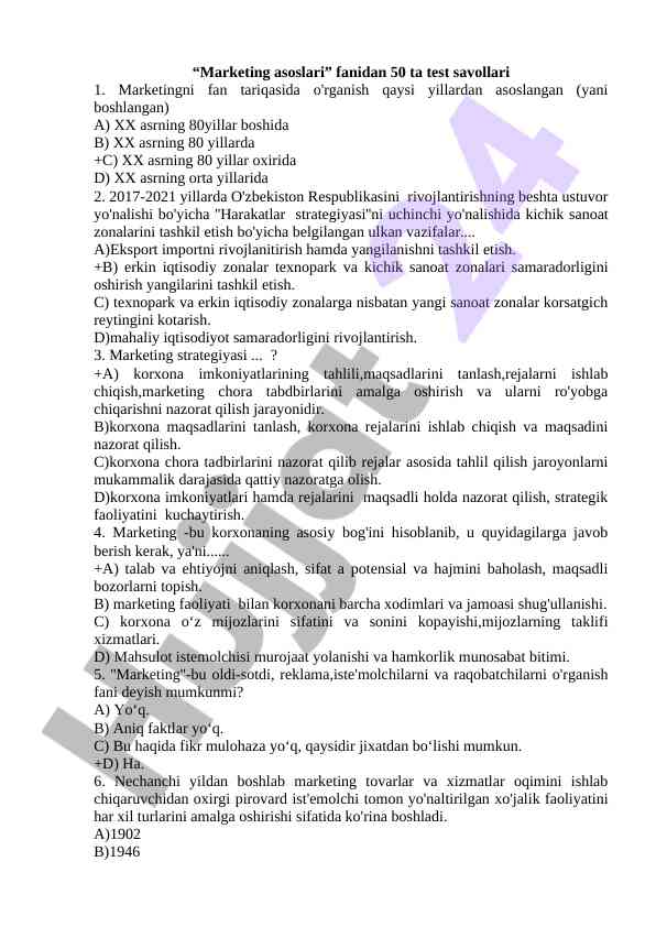 Marketing asoslari fanidan 50 ta test savollari