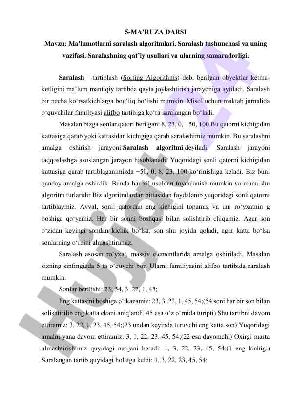 Ma'lumotlarni saralash algoritmlari takdimoti