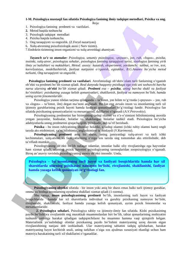Psixologiya fanining metodlari va predmeti