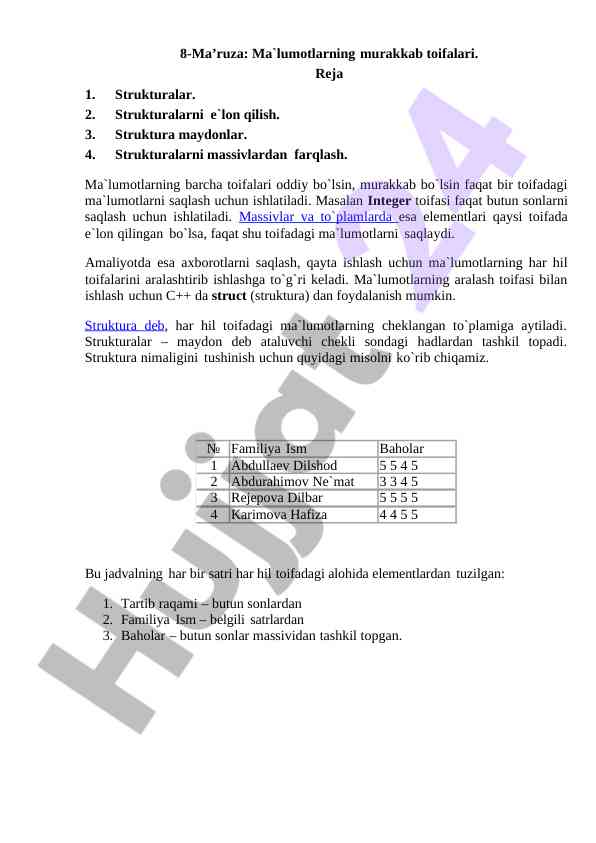 Ma'lumotlarning murakkab toifalari tahlili