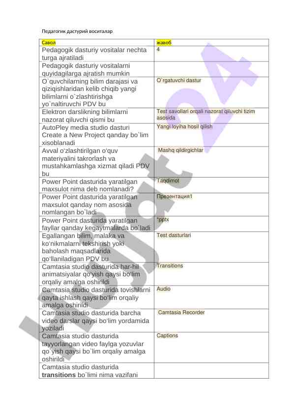Psixolog faoliyatida dasturiy vositalar test savollari