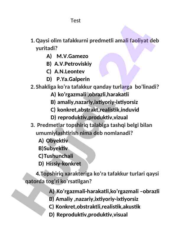 Tafakkur turlari bo‘yicha sinov savollari