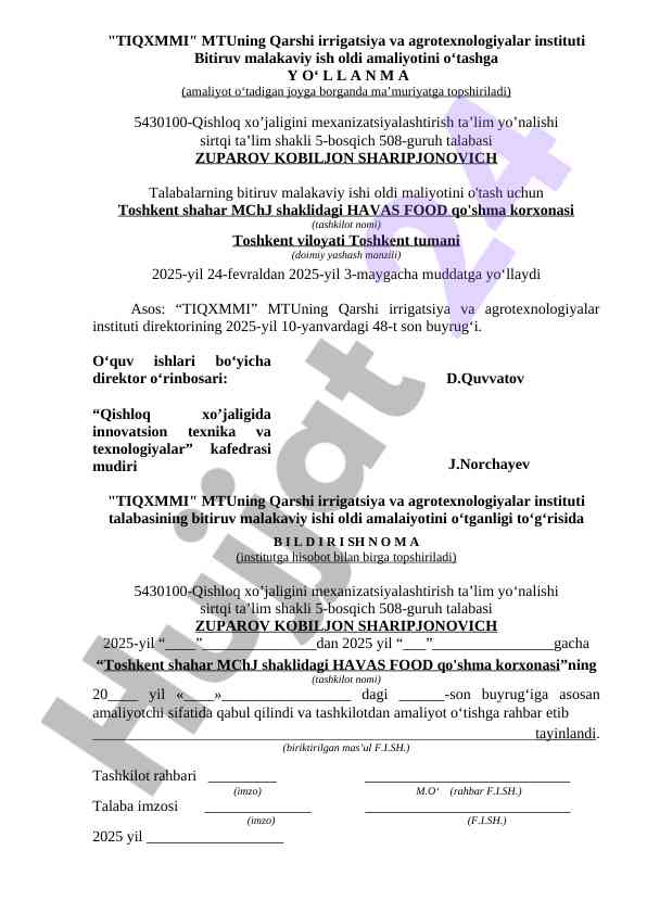 Bitiruv Malakaviy Ishining O‘tishi To‘g‘risida Ma'lumot