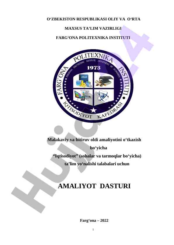 Iqtisodiyot ta’lim yo‘nalishi amaliyot dasturi farg‘ona 2022