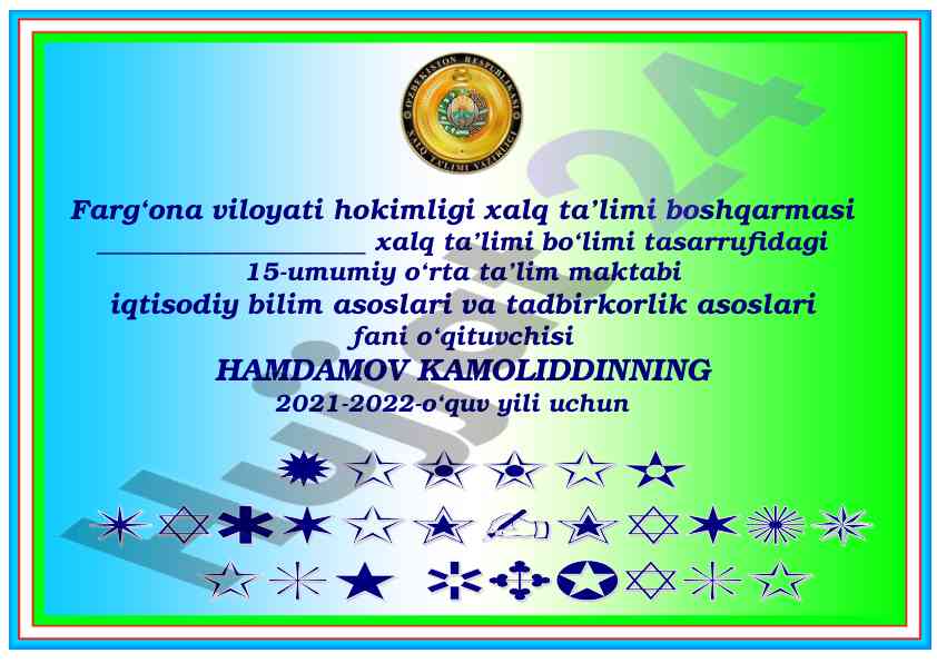 2021-2022 o‘quv yili iqtisodiy bilim dars rejasi