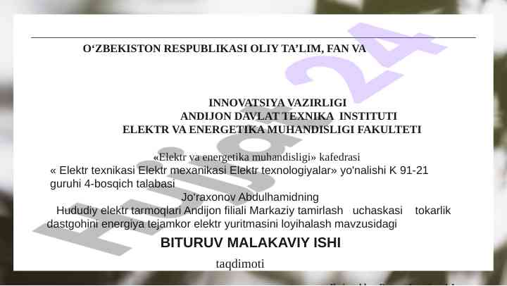 Energiya tejamkor elektr yuritmasini loyihalash