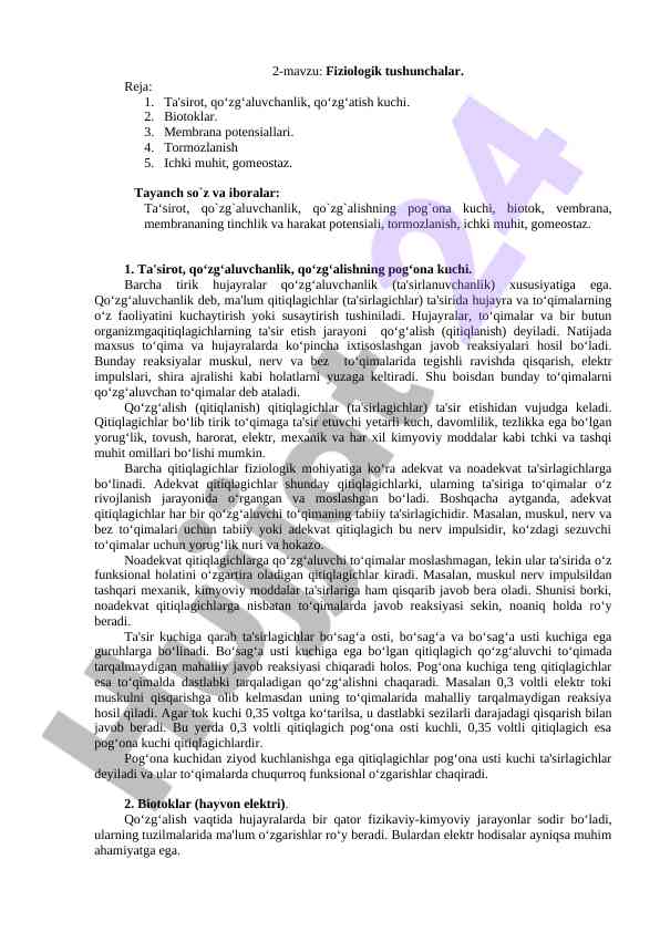 Fiziologik tushunchalar va ta'sirlar mavzusi