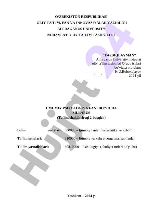 Umumiy psixologiya fani bo‘yicha sillabus 2024