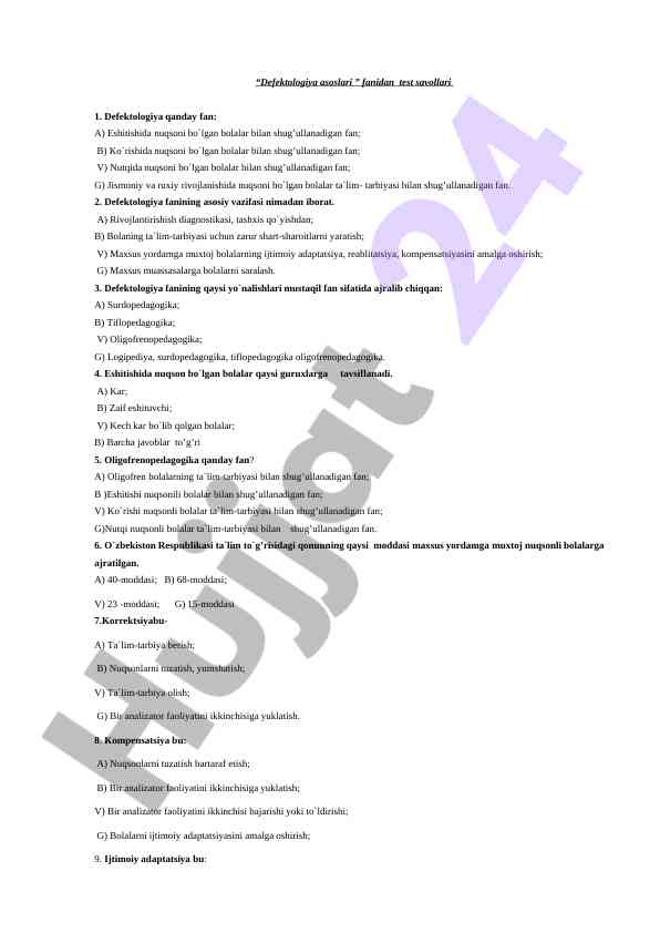 Defektologiya asoslari fanidan test savollari
