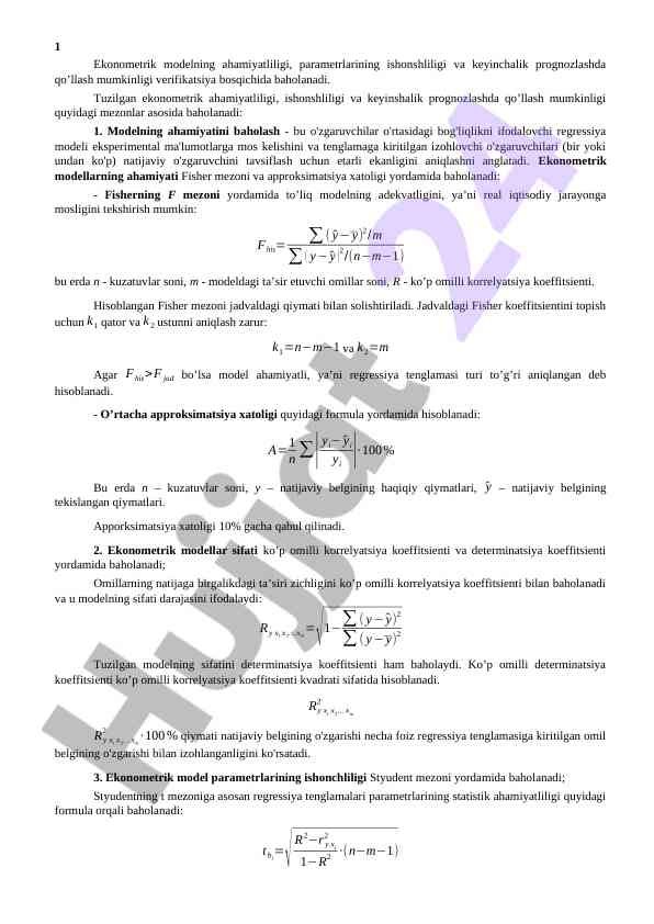 Ekonometrik modelning ahamiyatliligi va prognozlash