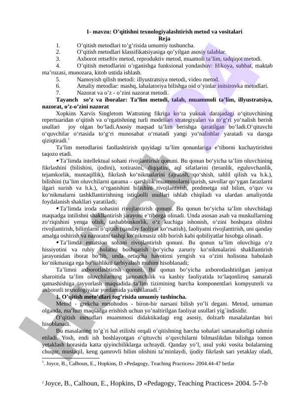 O’qitishni texnologiyalashtirish metodlari va vositalari