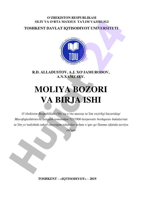 Moliya bozori va birja ishi o‘quv qo‘llanma