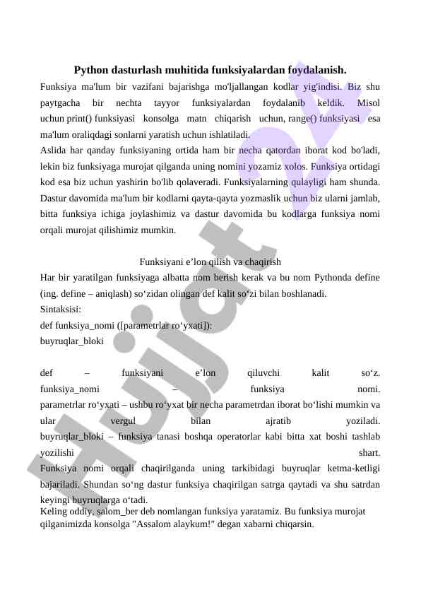 Python dasturlash muhitida funksiyalarni qo'llash