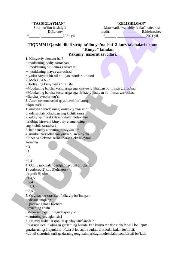 Kimyo fanidan yakuniy nazorat savollari